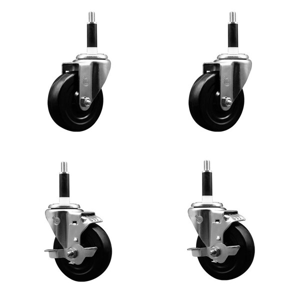 4'' Soft Rubber Wheel Swivel 7/8'' Expanding Stem Caster Set 2 Brakes, 4PK
